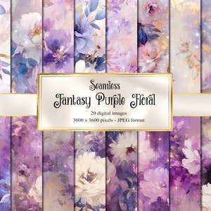 Fantasy Purple Floral Digital Paper, seamless flower printable oil paint textures printable scrapbook paper zdjęcie 1