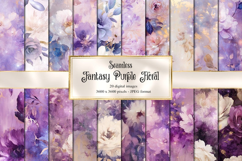 Fantasy Purple Floral Digital Paper, seamless flower printable oil paint textures printable scrapbook paper zdjęcie 1