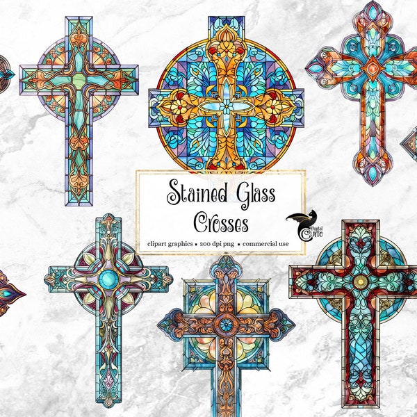 Stained Glass Crosses Clipart - fantasy clip art graphics and collage sheets for altered art or junk journals instant download