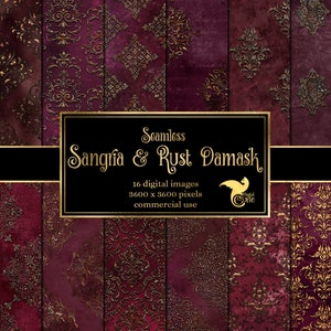 May include: A digital paper pack with 16 seamless patterns featuring a damask design in gold on a burgundy background. The text "Seamless Sangria & Rust Damask" is displayed in a black banner.
