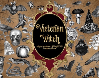 Viktoriansk häxa Clipart, Halloween-grafik, dödskallar, fladdermöss, ugglor (digital nedladdning)
