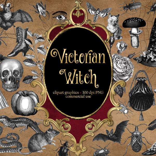 Clipart di streghe vittoriane, grafica di Halloween, teschi, pipistrelli, gufi (download digitale)