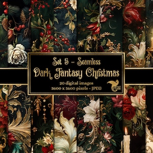 Dark Fantasy Christmas Digital Paper, naadloze achtergronden patroon gotische rococo bloemen donkere olieverf texturen - Set 5