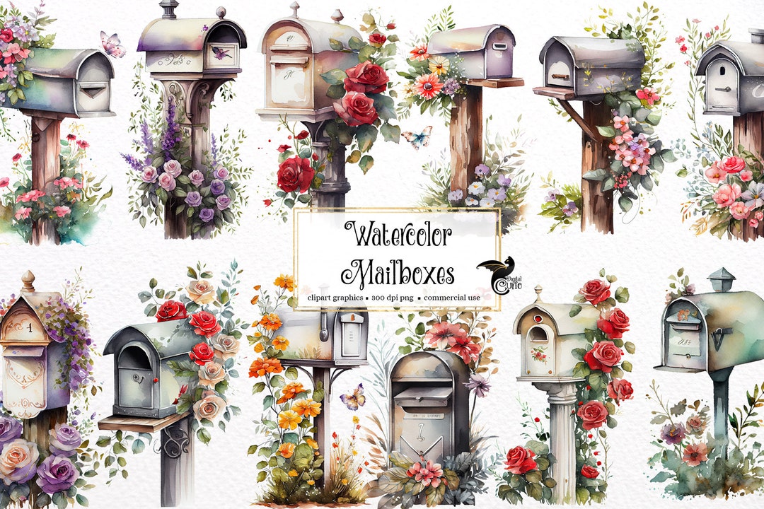 Watercolor Mailboxes Clipart Cute Rustic Floral Post Boxes in PNG