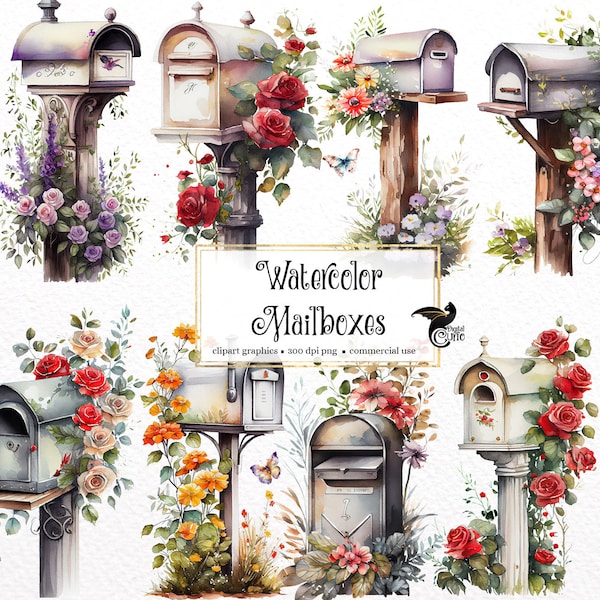 Watercolor Mailboxes Clipart - cute rustic floral post boxes in PNG format instant download for commercial use