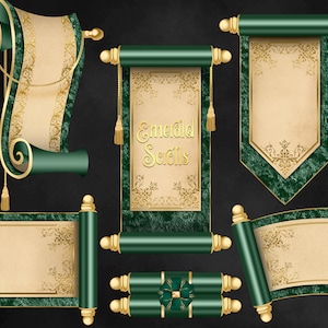 Emerald Scrolls Clipart - digital tapestry clip art for magic fantasy designs instant download for commercial use