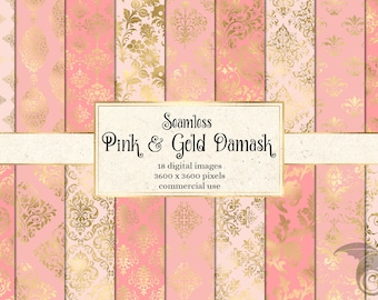 May include: A collection of 18 digital images featuring seamless pink and gold damask patterns. The images showcase various ornate designs in shades of pink and gold, with the text "Seamless Pink & Gold Damask".
