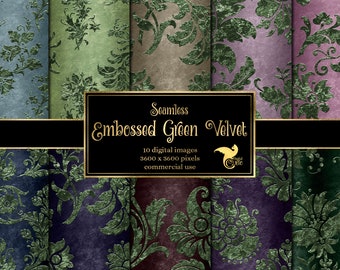 Embossed Green Velvet Digital Paper - seamless antique backgrounds instant download for commercial use