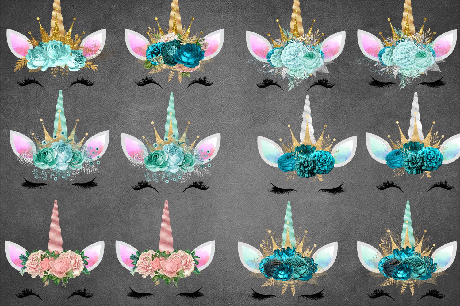 turquoise and pink unicorn faces clipart unicorn eyes clip etsy