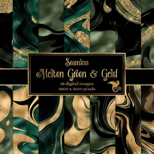 Molten Green and Gold Glitter Digital Paper, liquid emerald and sage foil and gold glitter seamless backgrounds