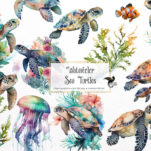 Watercolor Sea Turtle Clipart, cute nautical ocean animals PNG clip art graphics instant download for commercial use
