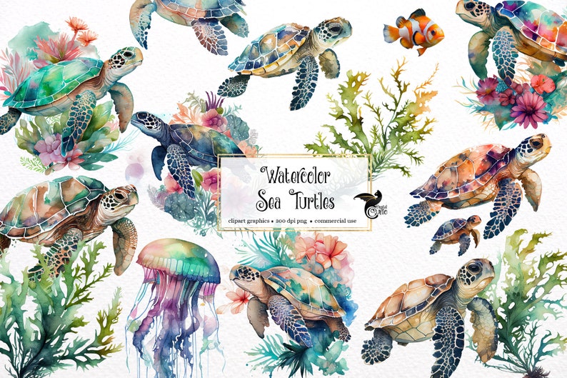 May include: Watercolor illustrations of sea turtles, jellyfish, and a clownfish. The turtles are depicted in various sizes and poses, surrounded by colorful coral and seaweed. The image includes the text "Watercolor Sea Turtles".