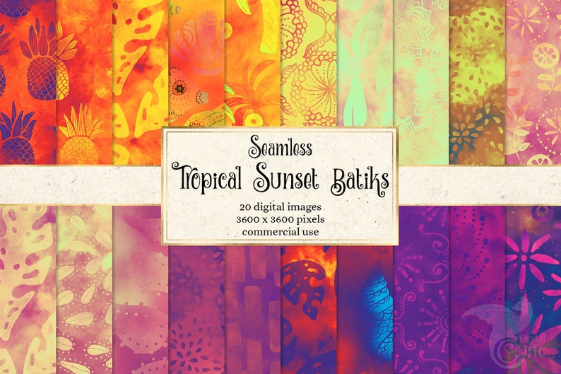 Tropical Sunset Batiks - 12 Pack Premium Digital Paper Hand Painted Safari Sarong Leaf Quilt Fabric Squares 