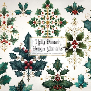 May include: A collection of holly damask design elements in shades of teal, green, and gold. The designs feature holly leaves and red berries, with ornate gold accents. The image includes the text "Holly Damask Design Elements".