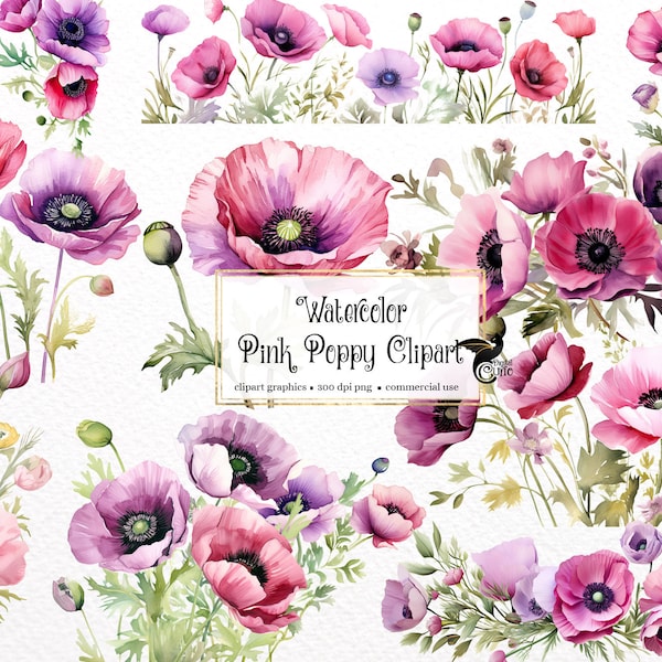 Watercolor Pink Poppy Clipart - floral poppies and flower bouquets in PNG format instant download for commercial use
