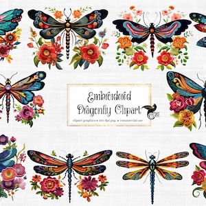 Embroidered Dragonfly Clipart - cute embroidery dragonflies, PNG format instant download for commercial use