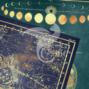 Gold Star Maps Digital Paper, Printable scrapbook paper, antique constellation sky map backgrounds, vintage star atlas, scrapboking image 2