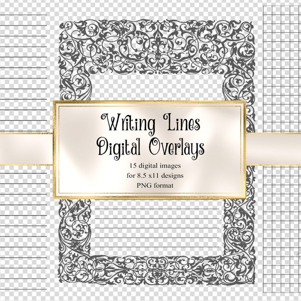 Writing Lines Overlays for digital journals - graph paper, writing paper and ledger paper lines with transparent backgrounds