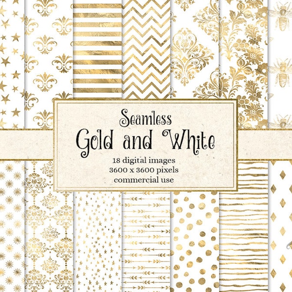 Gold and White Digital Paper, seamless gold foil backgrounds, gold patterns, printable scrapbook paper, digital scrapbooking commercial use