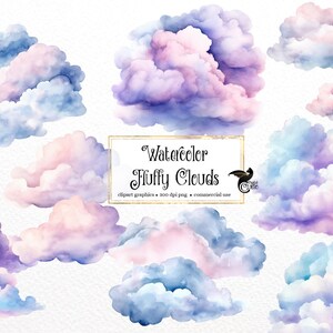Watercolor Fluffy Clouds Clipart, digital pastel clouds graphics for commercial use instant download commercial use