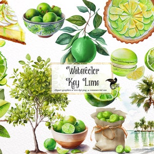 May include: Watercolour illustrations of key limes, lime trees, key lime pie, and palm trees. The illustrations are in a watercolour style and are perfect for use in digital scrapbooking, card making, and other craft projects.