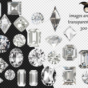 May include: A collection of 25 transparent PNG files featuring various diamond shapes, including round, emerald, and square, all rendered in a realistic 3D style. The diamonds are isolated on a transparent background, making them ideal for use in digital design projects.