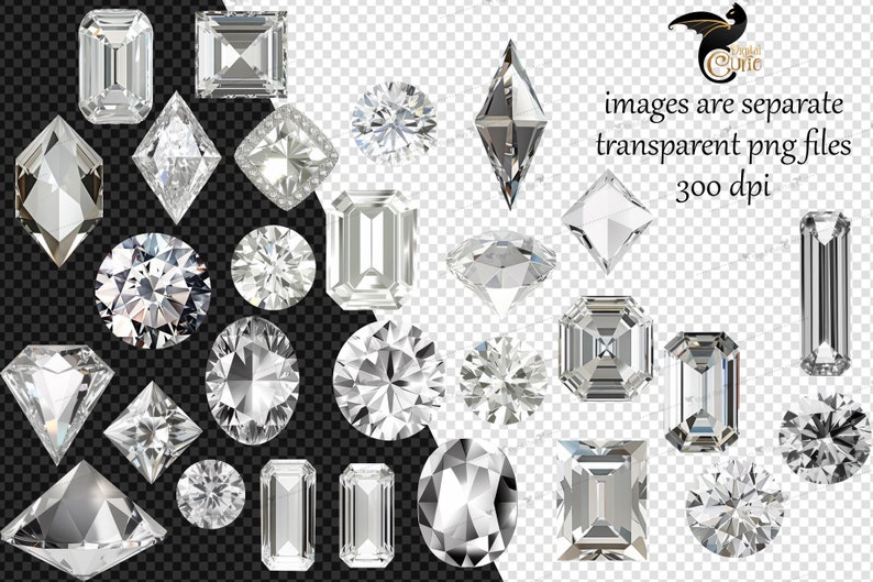 May include: A collection of 25 transparent PNG files featuring various diamond shapes, including round, emerald, and square, all rendered in a realistic 3D style. The diamonds are isolated on a transparent background, making them ideal for use in digital design projects.