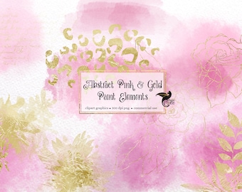 Imágenes prediseñadas de acuarela rosa y dorada, pinceladas, elementos metalizados (descarga digital PNG)