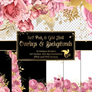5x7 Rosa und Gold Floral Overlays für Einladungen, Planer, Journal Seiten, Vintage Blumen Clipart, Hochzeit Rahmen Clip Art