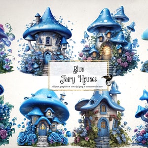 Blue Fairy Houses Clipart - fata grafica clip art fantasy per l'arte alterata o riviste spazzatura download istantaneo uso commerciale