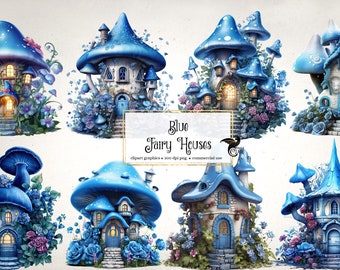 Blue Fairy Houses Clipart – Fantasy Graphics (Digital Download)