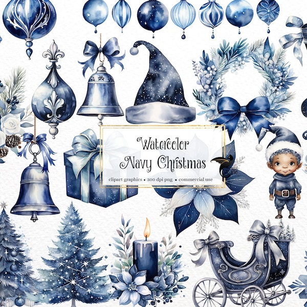 Watercolor Navy Christmas Clipart - winter holiday clip art in PNG format instant download for commercial use