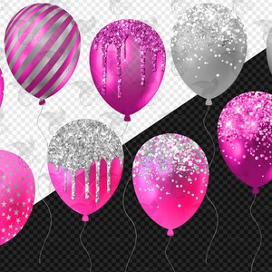 Hot Pink and Silver Balloons Clipart, Glitter Confetti Overlays (PNG ...