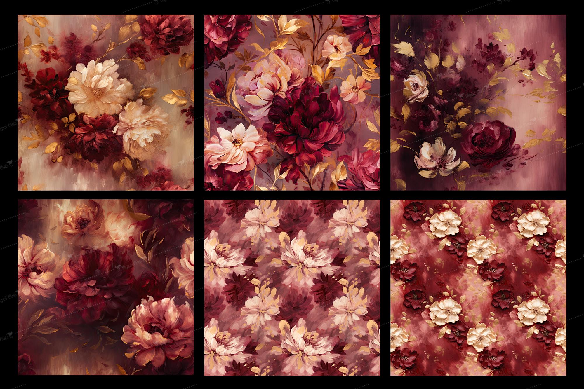 Burgundy Floral Oil Paint Texture, Seamless Digital Paper (digital ...