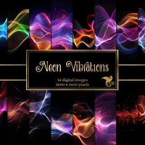 Puede incluir: Un paquete de papel digital con 34 imágenes de ondas abstractas de color neón sobre un fondo negro. El texto "Neon Vibrations" está en un marco dorado con el texto "34 imágenes digitales 3600 x 3600 píxeles" debajo.
