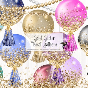Gold Glitzer Quaste Ballons Clipart - digitale Clip-Art-Grafiken für Party-Einladungen und kommerzielle Nutzungsdesigns