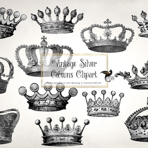 Vintage Silver Crowns Clipart, vintage antique royal crown clip art illustrations, instant download clipart for commercial use graphics