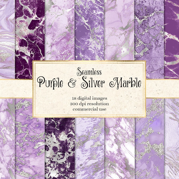 Purple and Silver Marble Digital Paper, seamless purple marble textures with silver vein printable scrapbook paper for commercial use