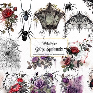 May include: Watercolor illustrations of gothic spiderwebs, roses, and spiders. The set includes a lantern, arches, and various spiderwebs with roses and spiders.