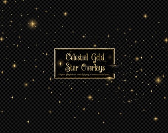 Celestial Gold Star Overlays, starry night gold star clusters in PNG format with transparent backgrounds instant download commercial use