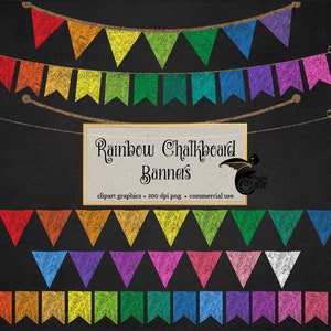 Rainbow Chalkboard Bunting Banners Clip Art, Back to School clipart, school banners, PNG Clipart set for Commercial Use, DIY Make Your Own image 1