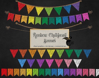 Rainbow Chalkboard Bunting Banners Clip Art, Back to School clipart, school banners, PNG Clipart set for Commercial Use, DIY Make Your Own