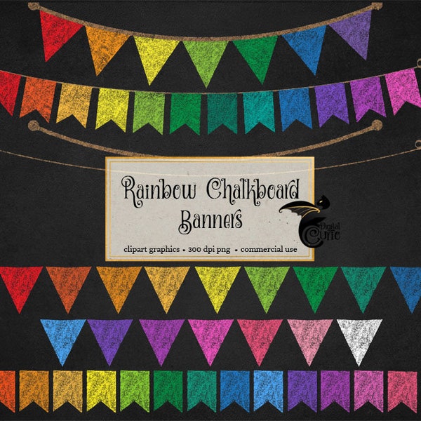 Rainbow Chalkboard Bunting Banners Clip Art, Back to School clipart, school banners, PNG Clipart set for Commercial Use, DIY Make Your Own