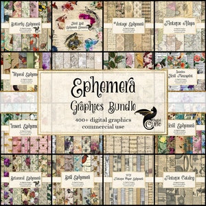 Ephemera Graphics Bundle, korting op clipart en digitaal papier, digitale scrapbooking, vintage digitale efemere ephemera, rustiek digitaal papier