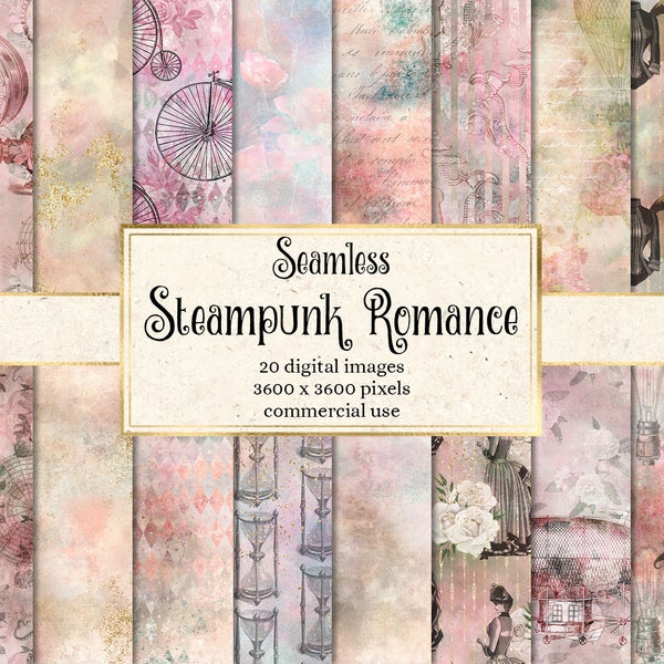 Steampunk Romance Digital Paper, seamless vintage steampunk patterns and distressed grunge textures instant download