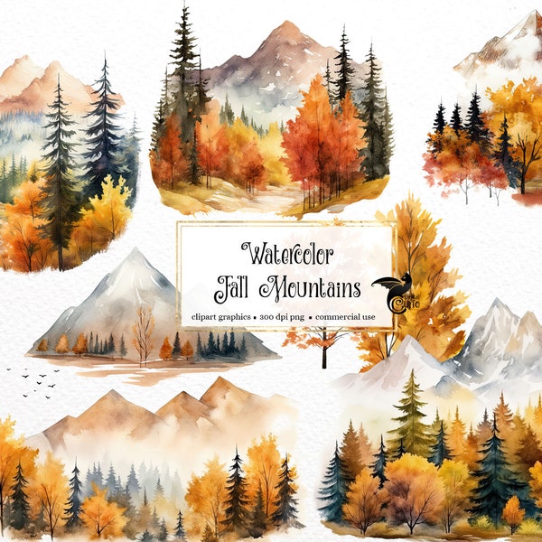 Watercolor Fall Mountains Clipart - autumn mountains landscapes in PNG format instant download for commercial use