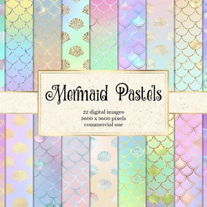 Mermaid Pastels digital paper, mermaid scale background with rainbow and gold foil glitter mermaid scale for commercial use
