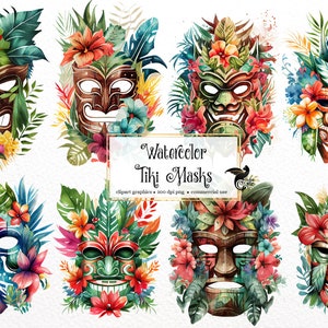 Aquarell Tiki Maske Clipart - florale Hawaiian Tiki Clip Art PNG-Format sofortiger Download für kommerzielle Nutzung