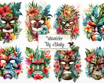 Watercolor Tiki Mask Clipart - floral Hawaiian tiki clip art PNG format instant download for commercial use