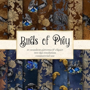May include: A set of 24 digital seamless patterns and clipart featuring birds of prey on a dark blue and gold damask background. The text "Birds of Prey" is displayed in a decorative font. The patterns are 300 dpi resolution and for commercial use.